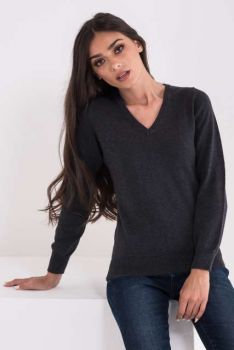 LADIES’ V-NECK FINE GAUGE COTTON PULLOVER Dark Melange Grey M