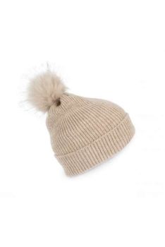 KNITTED BOBBLE BEANIE IN RECYCLED YARN Light Sand Heather U