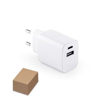 WEGENER. Napájací adaptér s USB-A portom 18W a USB-C 20W v recyklovaného ABS-a (100% rABS) Biela