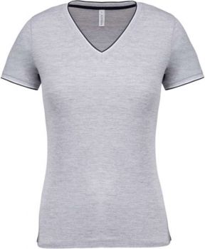 LADIES' PIQUÉ KNIT V-NECK T-SHIRT Oxford Grey/Navy/White M