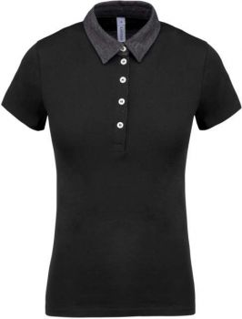 LADIES' TWO-TONE JERSEY POLO SHIRT Black/Dark Grey Heather M