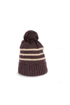 KNITTED STRIPED BEANIE IN RECYCLED YARN Dark Rosewood Heather/Light Sand Heather U