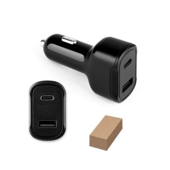 DIRAC. Adaptér do zapaľovača cigariet s portom USB-A 18W a USB-C 20W v 100% rABS Čierna